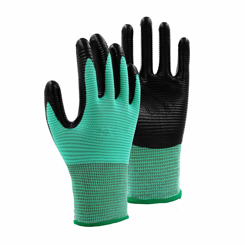 N-08 black color nitrile coated green polyester glove