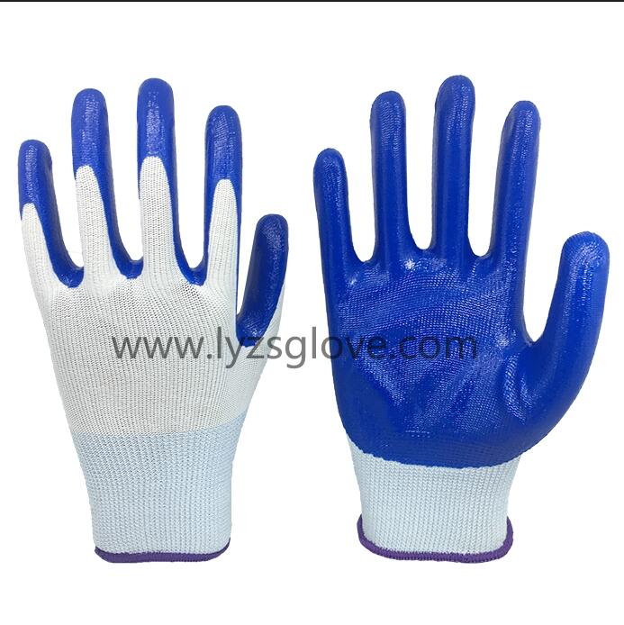 N-02 blue color nitrile coated white polyester glove
