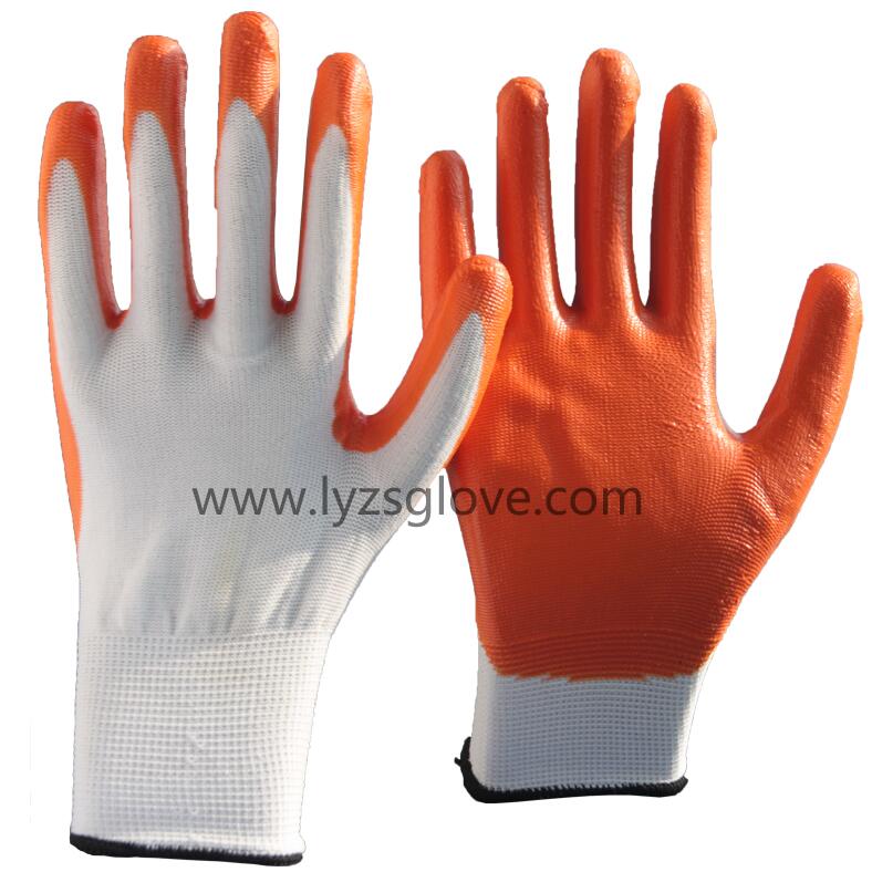 N-03 white orange nitrile coated glove