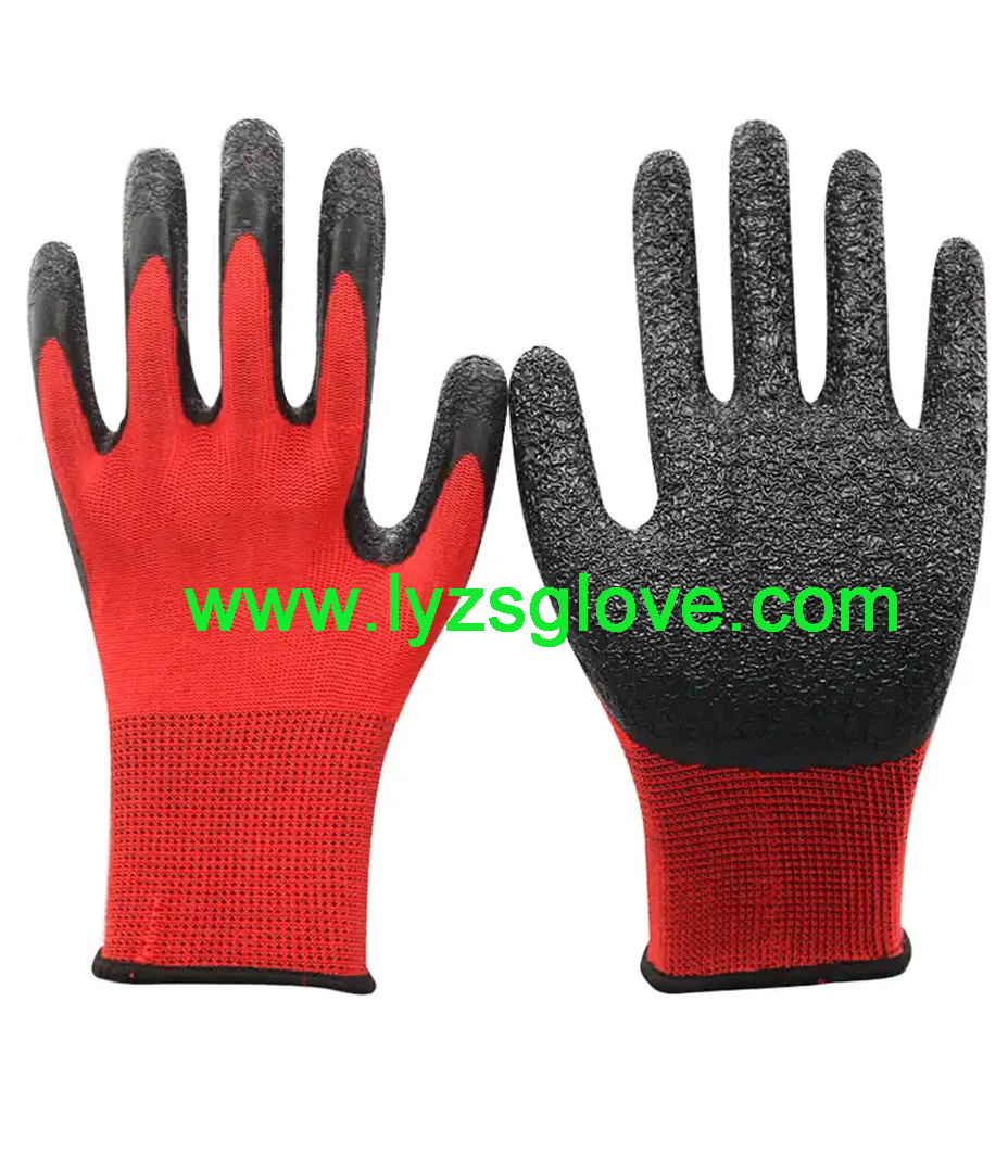 13gauge red black crinkle latex coated gloves