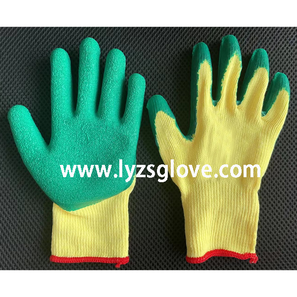 yellow green crinkle latex coated gloves