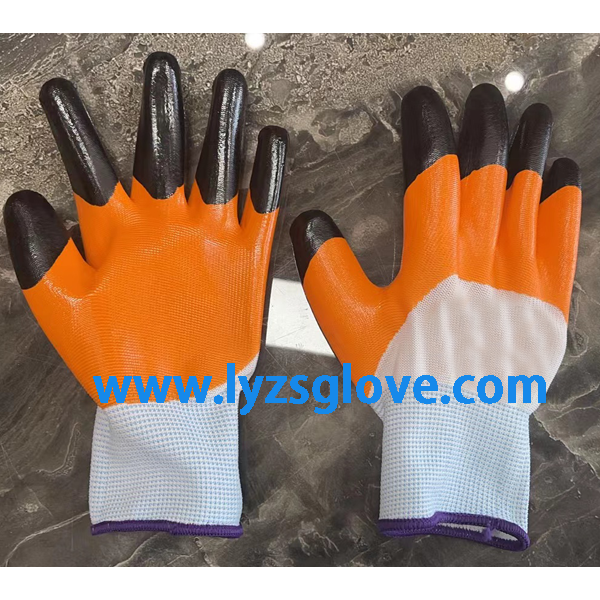 black finger double  coated orange  nitrile half coated glove