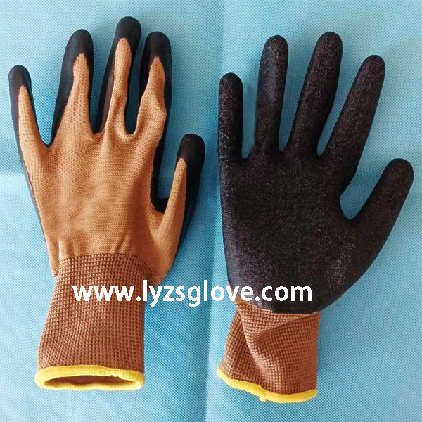 13gauge brown black crinkle latex coated gloves